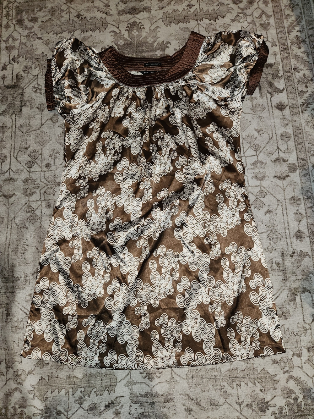 Antilia Femme Brown and White Printed Smocked Yoke Mini Dress